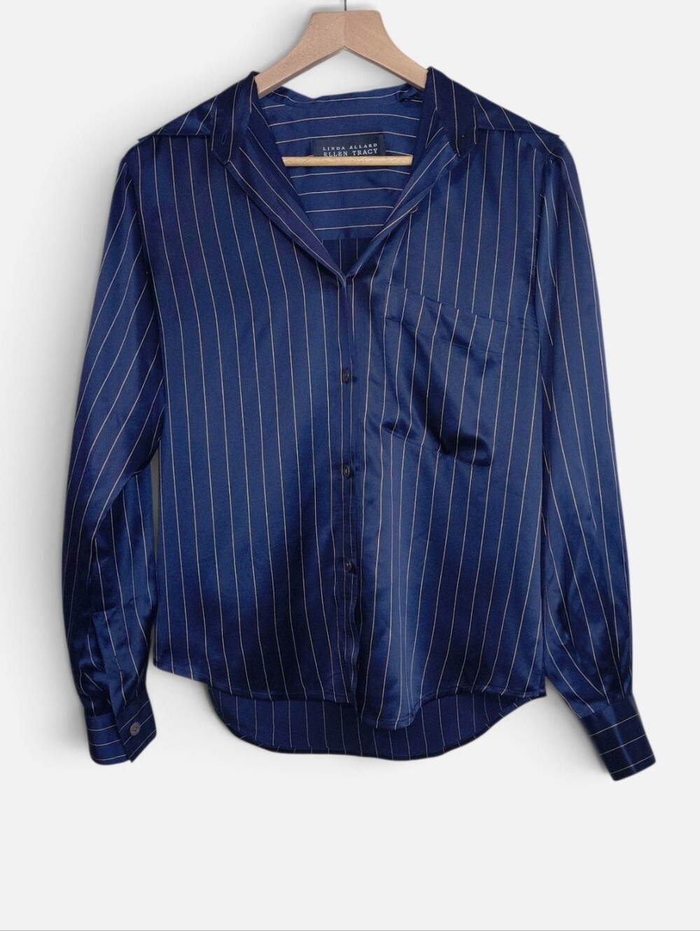Linda Allard Ellen Tracy Navy Pinstripe 100% Silk Blouse